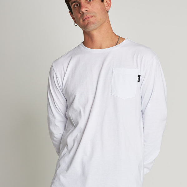 Polera Manga Larga Blanca Bolsillo