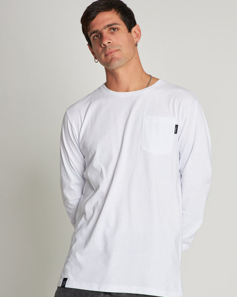 Polera Manga Larga Blanca Bolsillo