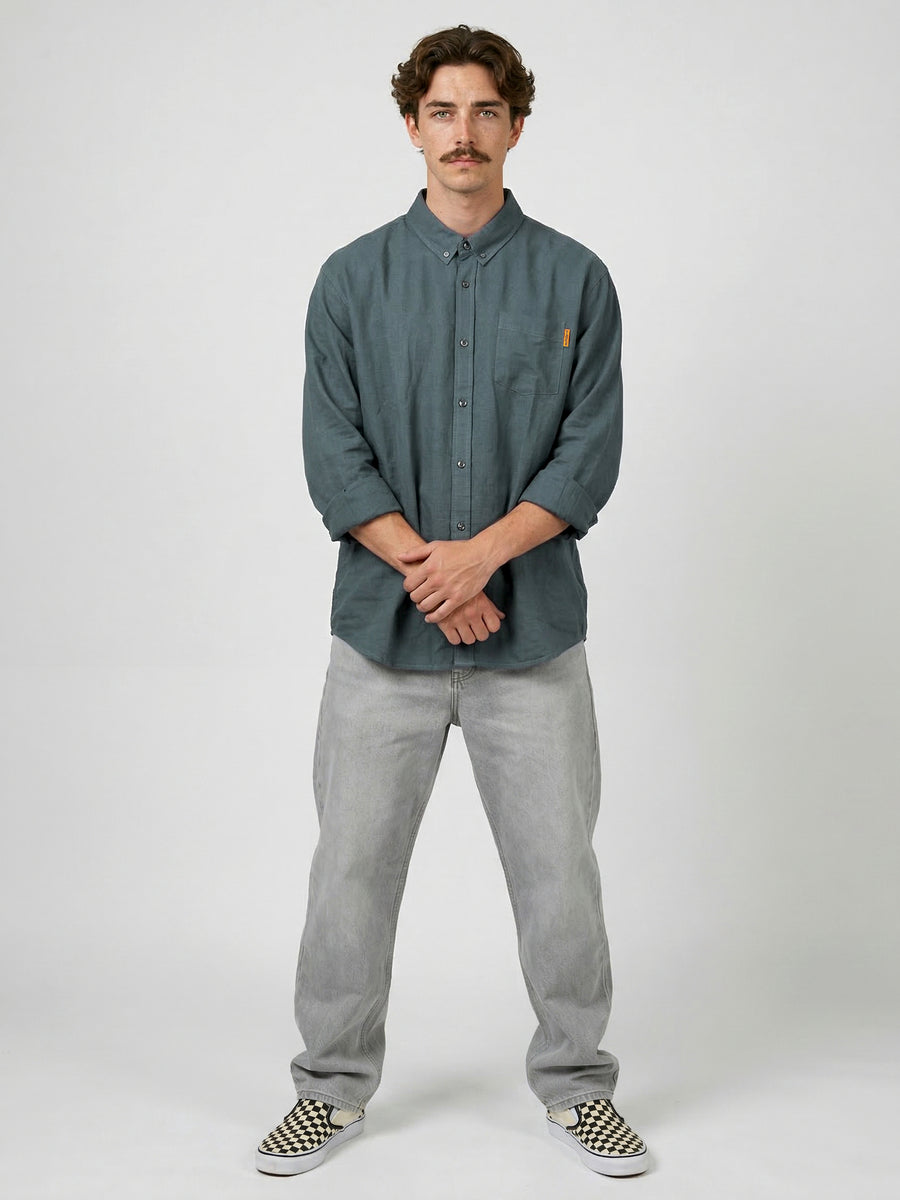 Camisa Manga Larga Hombre Lino Azul