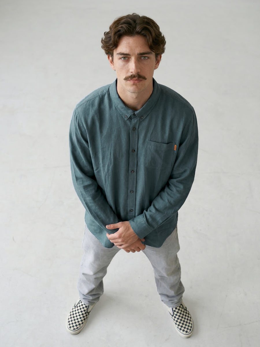 Camisa Manga Larga Hombre Lino Azul