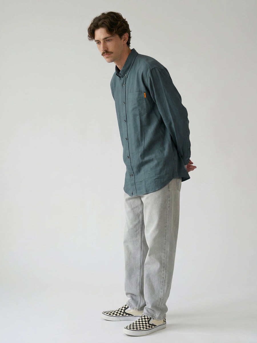 Camisa Manga Larga Hombre Lino Azul