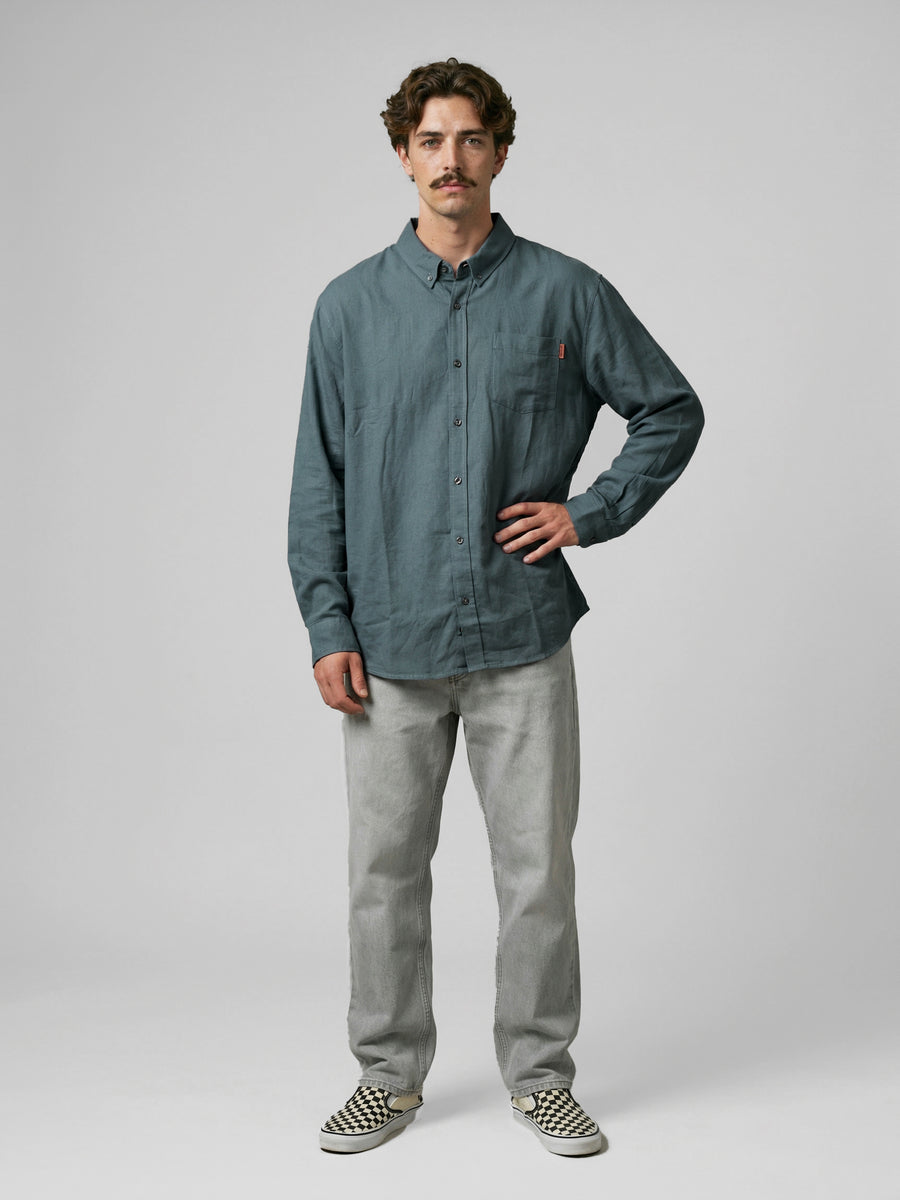 Camisa Manga Larga Hombre Lino Azul