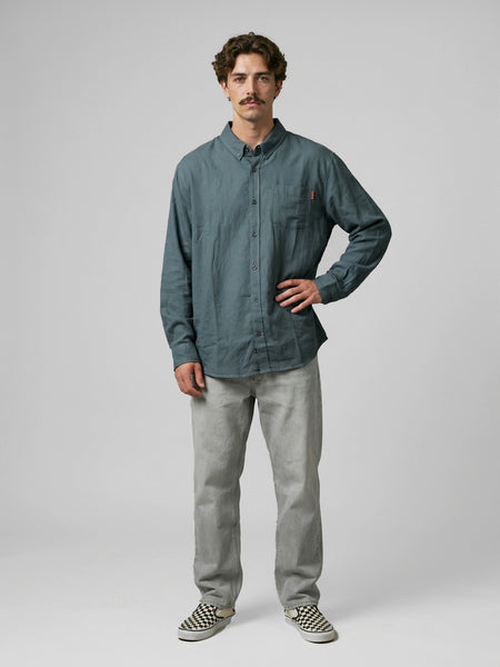 Camisa Manga Larga Hombre Lino Azul