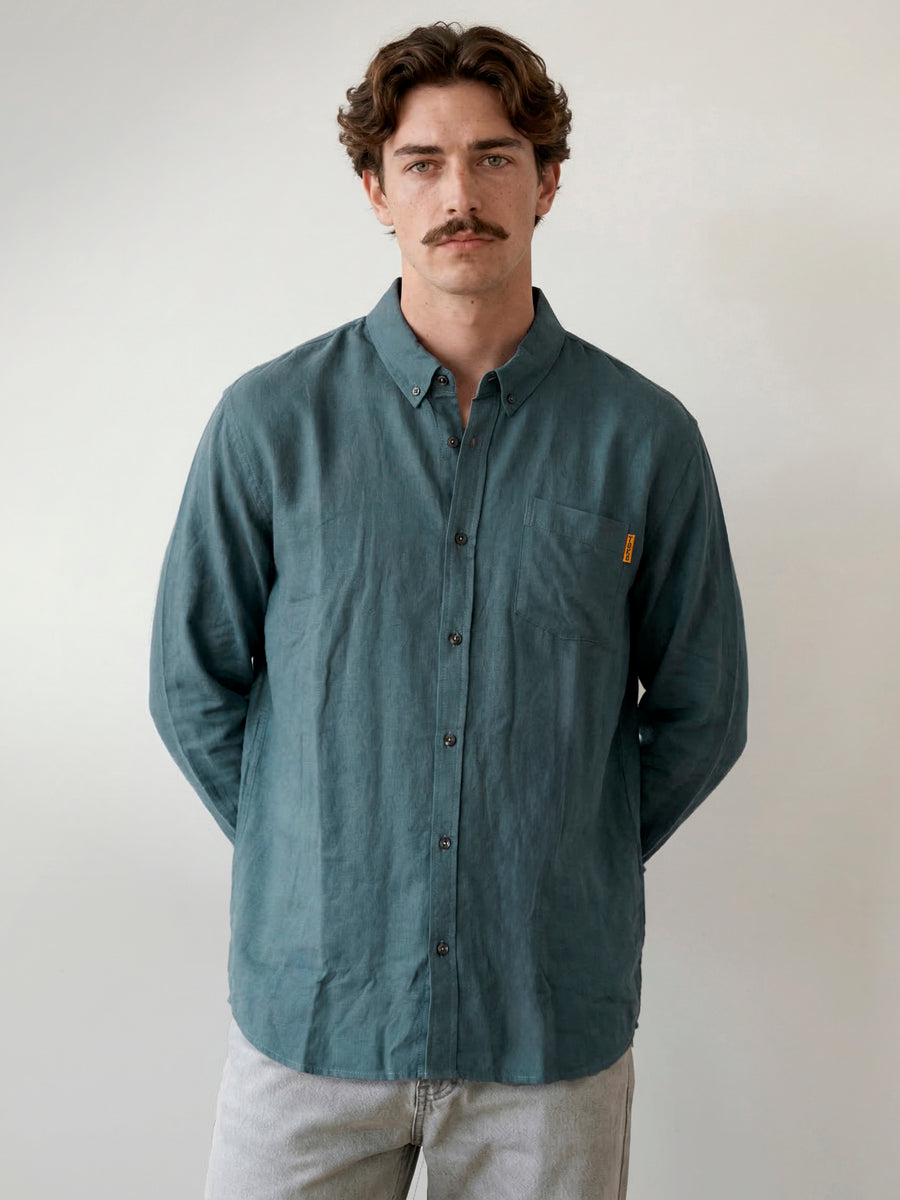 Camisa Manga Larga Hombre Lino Azul