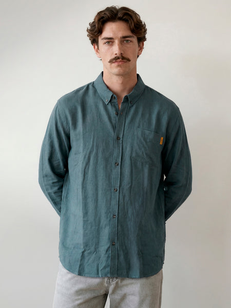 Camisa Manga Larga Hombre Lino Azul