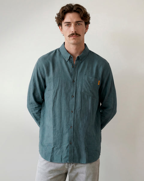 Camisa Manga Larga Hombre Lino Azul