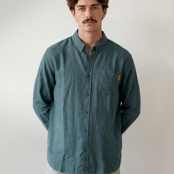 Camisa Manga Larga Hombre Lino Azul