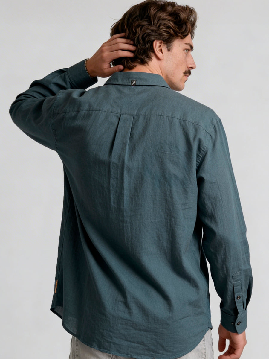 Camisa Manga Larga Hombre Lino Azul